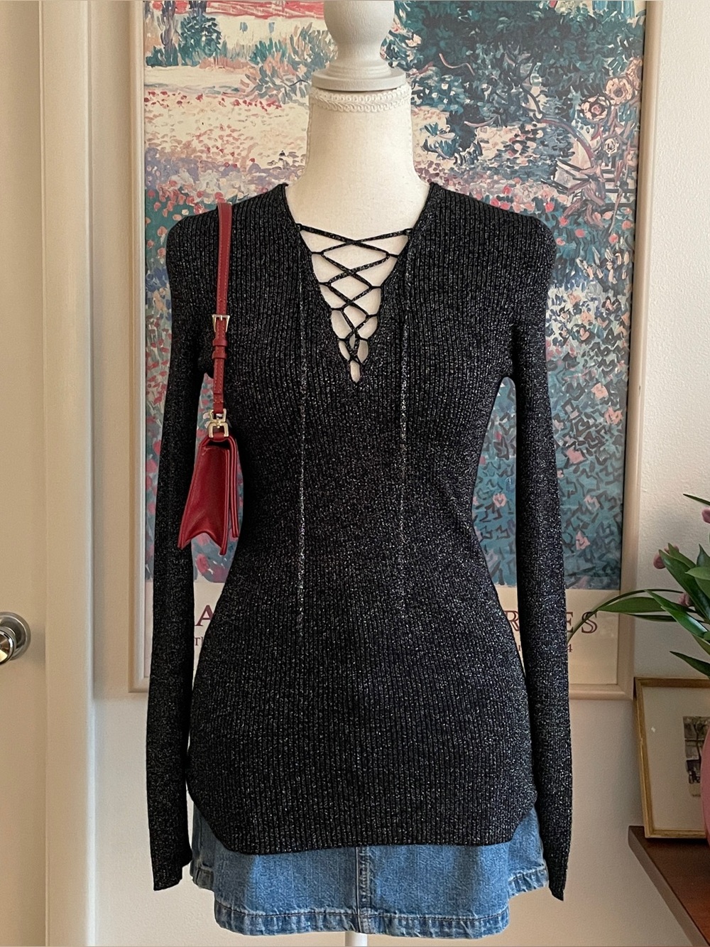 Sandro Paris Lace-Up Top Size XS/S Black Metallic Ribbed Knit Indie Sleaze Y2K